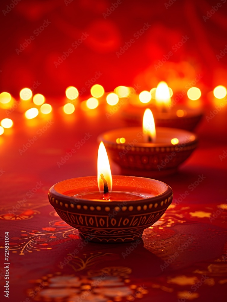 Celebration of Indian holiday Diwali with traditional lit candles on a crimson background. Celebration of Indian holiday Diwali with traditional lit candles on a crimson background.