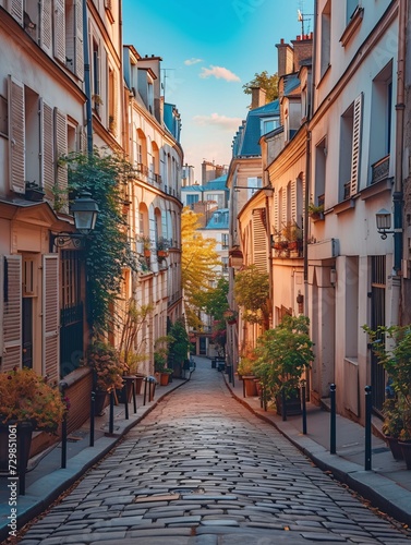 Charming Parisian neighborhood with beautiful buildings and iconic sights. © ckybe