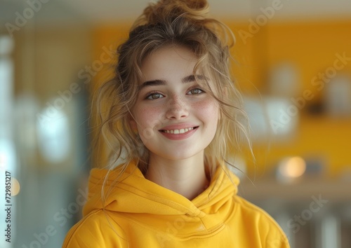 caucasian girl with colorful sweatshirt in professional colorful photo studio background