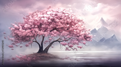 Enchanting sakura tree in full bloom, its delicate petals painti © pasakorn