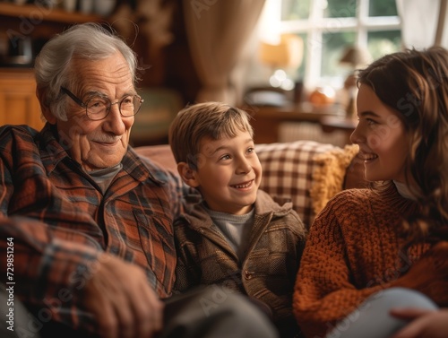 An elderly man with a kind expression shares old tales with his attentive grandchildren in the cozy warmth of a family home.