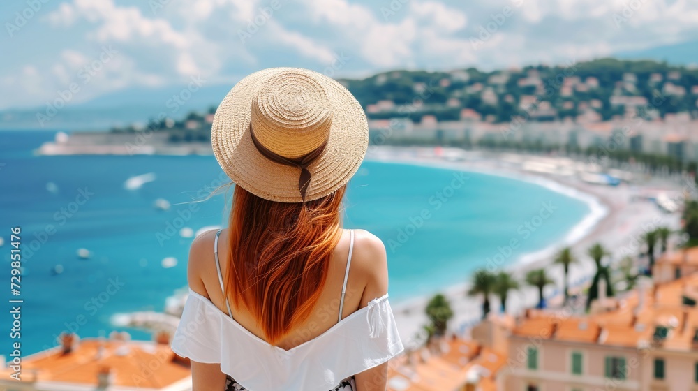 Stunning young lady admiring the urban panorama of Nice, France from behind while holding her hat on the French Riviera.