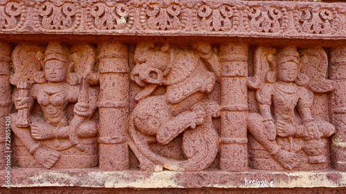 Carvings of Yali and Hindu deities Panel on the Group of Jain Temples, Peenjana, Baran, Rajasthan, India.