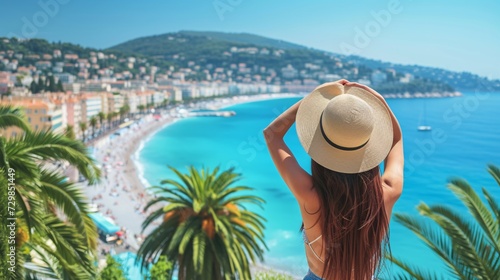 A stunning woman admiring the city of Nice, France from the French Riviera with a hat in hand. photo