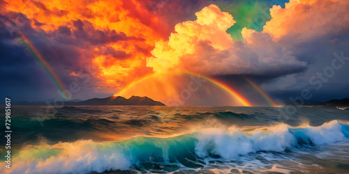 A tranquil scene where a vivid rainbow, with its spectrum of colors stretching across the sky, meets the gentle swells of the clear sea waters below