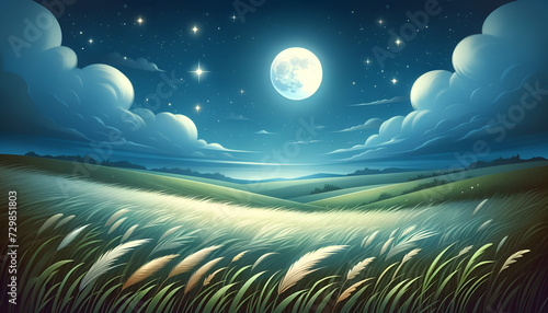 Midnight in the Meadow: A dreamy and star-speckled grassland that sets the stage for enchanting night-time fables for kids. Generative AI.