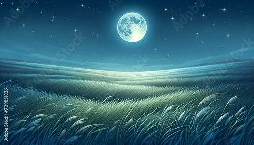 Enchanted Night: A children's book illustration of a moonlit meadow, where dreams come alive under a starry sky. Generative AI.