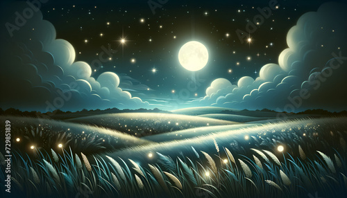 Enchanted Night: A children's book illustration of a moonlit meadow, where dreams come alive under a starry sky.
Generative AI. photo