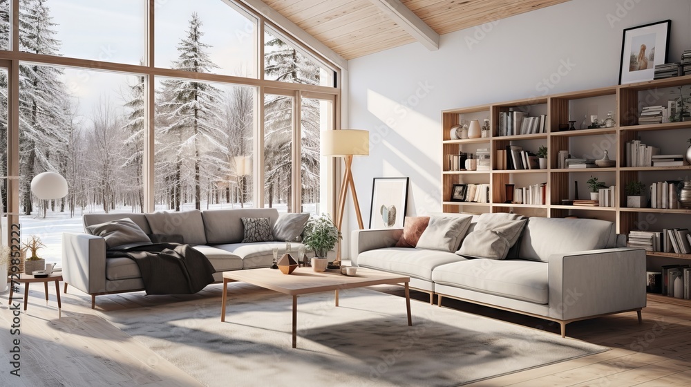 Modern living room with Scandinavian style, cozy sofa, wooden furniture, and natural light Modern living room with Scandinavian style, cozy sofa, wooden furniture, and natural light