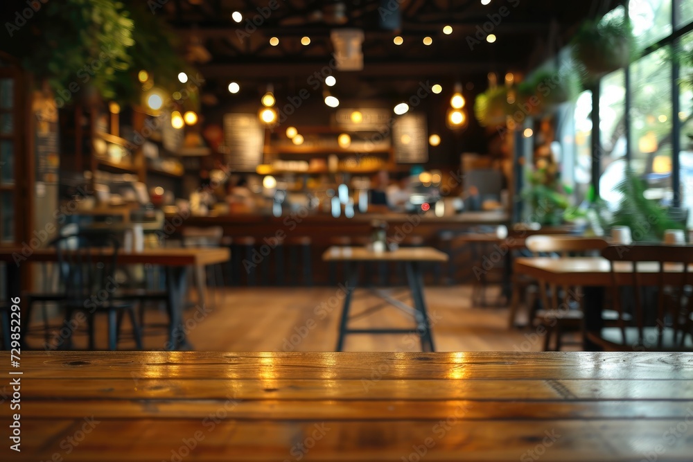 Empty wooden table with bistro cafe blur background. Generative AI Empty wooden table with bistro cafe blur background. Generative AI