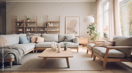 Modern living room with Scandinavian style, cozy sofa, wooden furniture, and natural light © Ameer