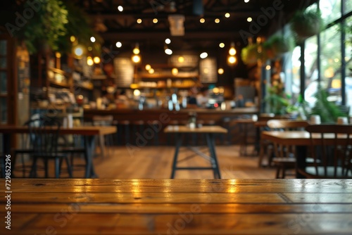 Empty wooden table with bistro cafe blur background. Generative AI