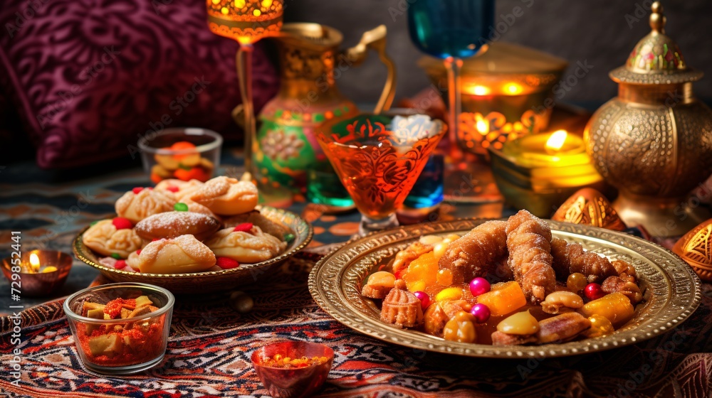 Celebrate the holy month of Ramadan with traditional Iranian treats and prayers for God, featuring a festive greeting card and Halal options for Iftar or Suhoor during Eid Mubarak.