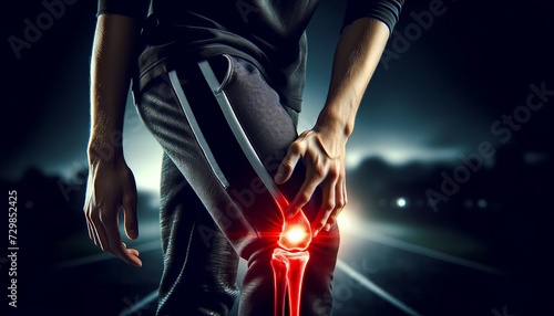 a person standing with one hand on their knee, which is highlighted with a glowing red area to depict pain