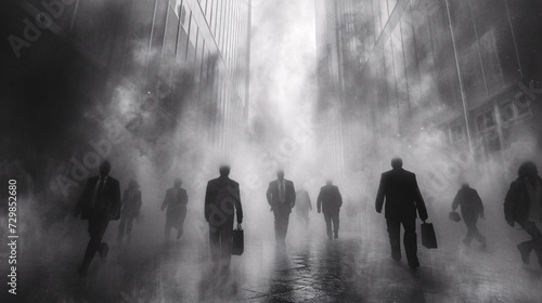 Foggy Businessmen Walking Down the Street Generative AI