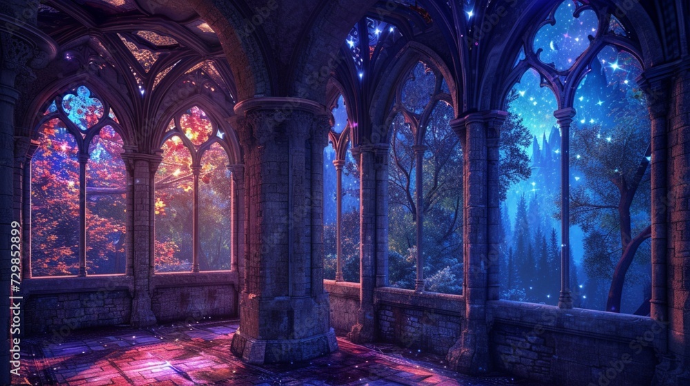 A magical window scene in a fairy-tale castle tower, stained glass windows casting kaleidoscopic patterns of light and color onto the stone walls, a glimpse of a mystical forest bathed in moonlight ou - obrazy, fototapety, plakaty 