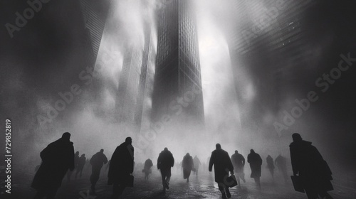 Foggy Cityscape A Blurry, Foggy Scene of People Walking in the Rain Generative AI photo