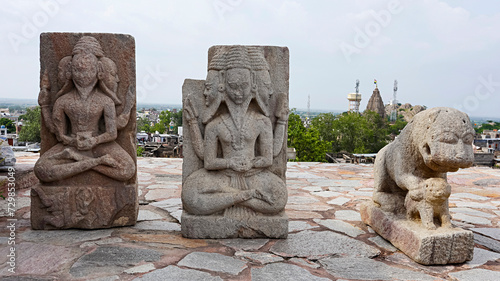 Carving Sculptures of Lord Bramha and Yali at Outside of Thakur ji ka Mandir, Todaraisingh, Rajasthan, India. photo