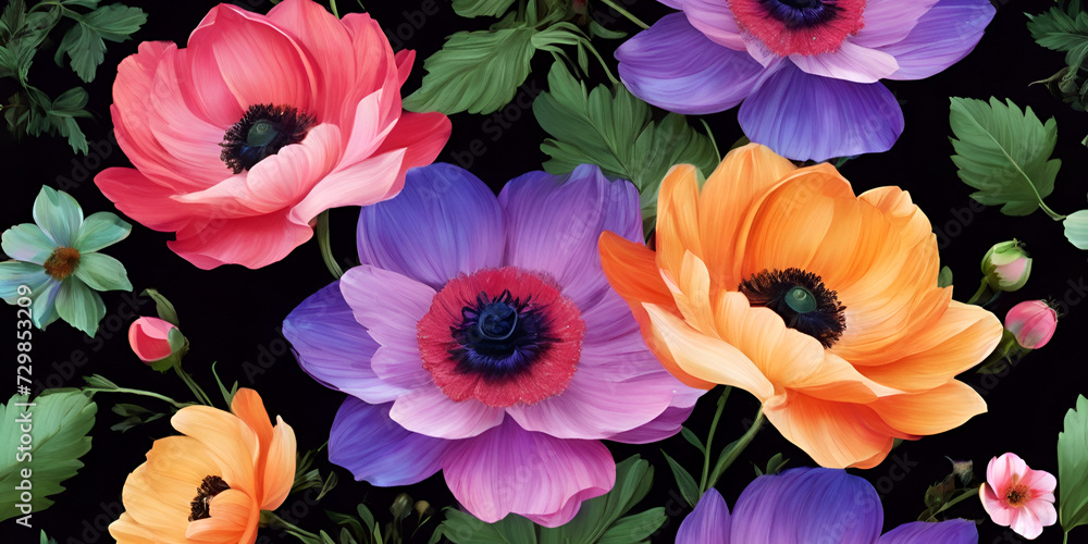 A Symphony of Anemones, Bunch of flowers, Anemone coronaria, Anemone coronaria flowers in red, white, magenta, blue colors. A Symphony of Anemones, Bunch of flowers, Anemone coronaria, Anemone coronaria flowers in red, white, magenta, blue colors.