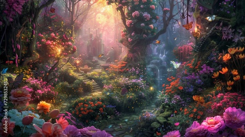 A magical garden in full bloom, vibrant flowers of every color imaginable, winding pathways leading to secret alcoves and hidden fountains, the air filled with the sweet scent of blossoms