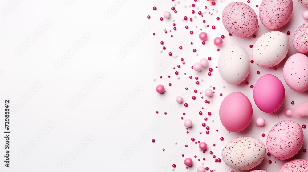 A delightful display of sugary treats, with a variety of pink and white confectionery eggs that are both visually pleasing and mouthwateringly tempting A delightful display of sugary treats, with a variety of pink and white confectionery eggs that are both visually pleasing and mouthwateringly tempting