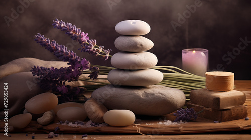 A tranquil still life, with a flickering candle casting a warm glow upon a stack of rocks and vibrant lavender flowers