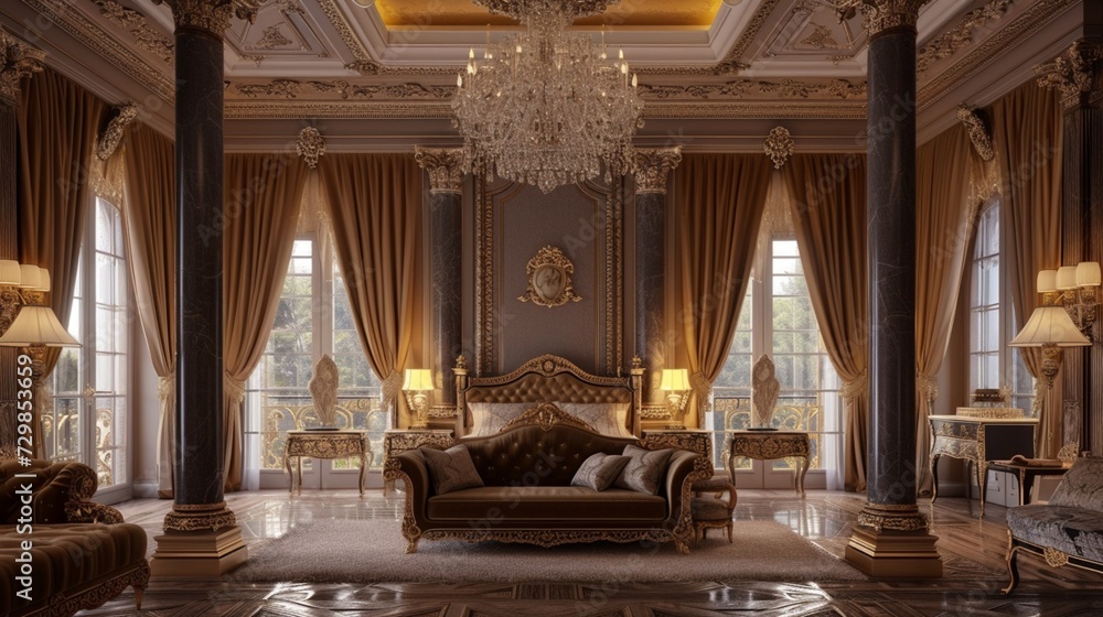 A luxurious master bedroom suite with a plush velvet sofa positioned at the foot of an ornately carved four-poster bed, opulent silk drapes framing floor-to-ceiling windows