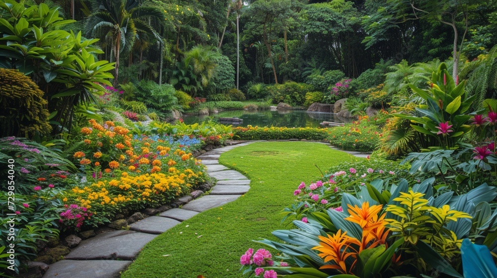 A lush botanical garden bursting with vibrant colors and exotic flora ...