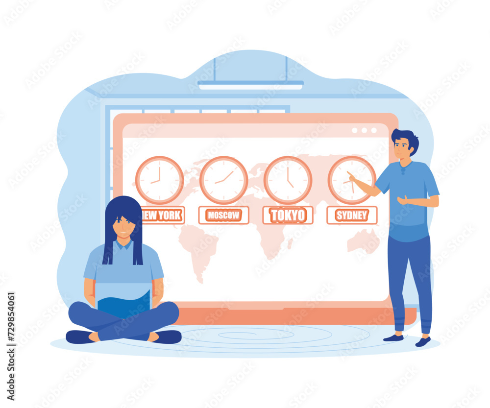 Time zones. International time and date. Clocks showing local time online on web site.  flat vector modern illustration 