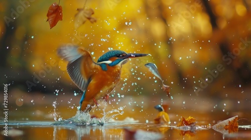 Kingfisher bird diving for fish