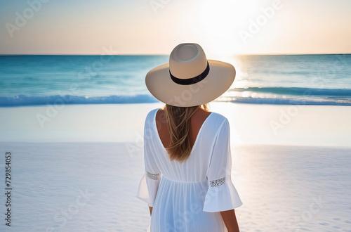 person on the beach. A women in a white beach tunic, walking along the beach, white sand, blue sea, the girl’s back to the camera, a large white Panama hat on her head, summer, morning.self care