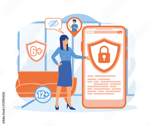 Parental control software. Blocked, prohibited or inappropriate content for kids.  flat vector modern illustration 