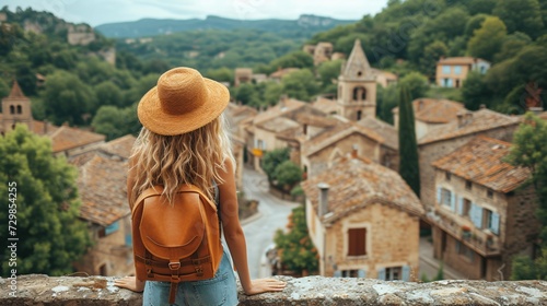 Female traveler admiring scenic village in France.