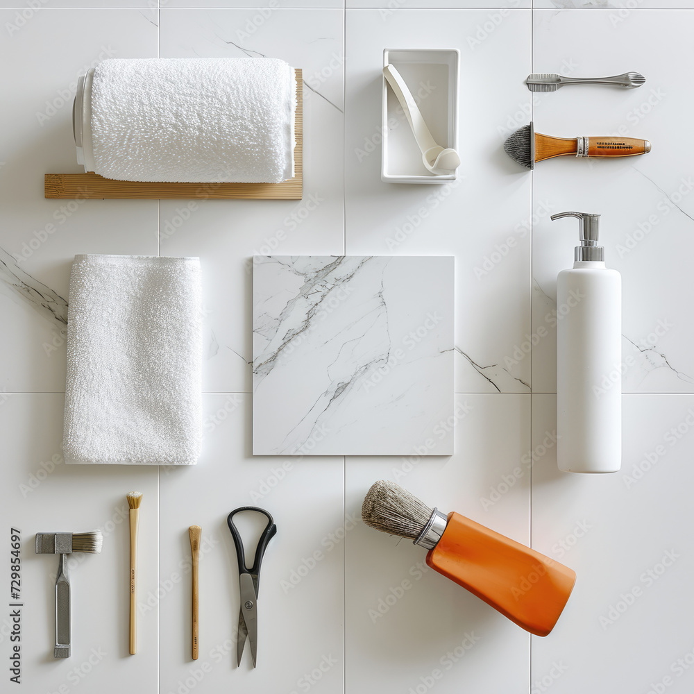 Naklejka premium A minimalist setup with a single decorative tile being installed on a clean, white wall