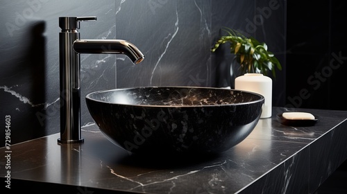 Black marble sink and chrome faucet in a modern bathroom with minimalist style © Ameer