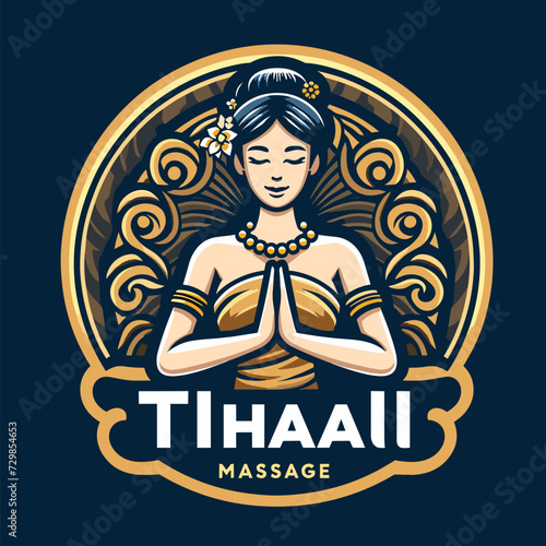Create a logo image of a traditional Thai massage shop with images of women holding their hands together in worship.