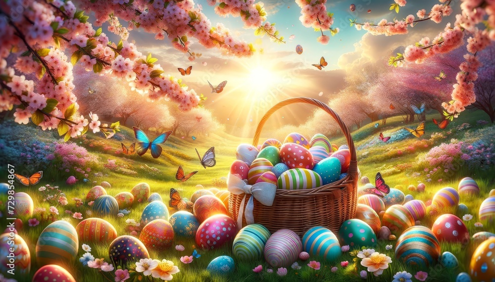 a lively Easter atmosphere against the backdrop of a neatly trimmed lawn decorated with various colorful painted Easter eggs a lively Easter atmosphere against the backdrop of a neatly trimmed lawn decorated with various colorful painted Easter eggs