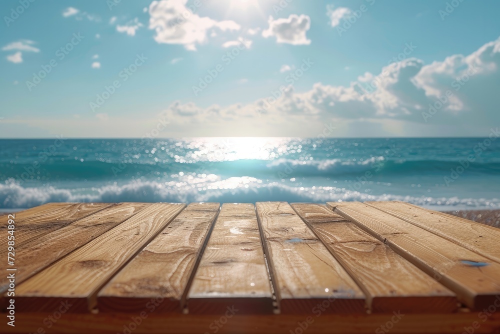 Empty wooden table with beach background. photo for advertising. Generative AI
