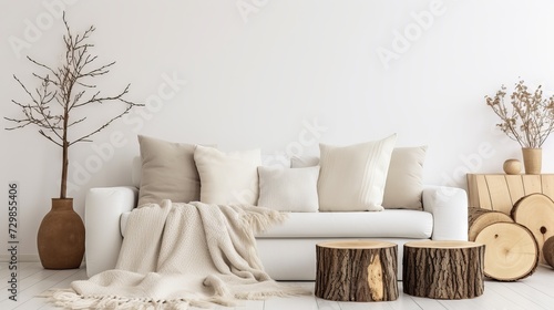 Minimalist living room with tree stump coffee table and white sofa