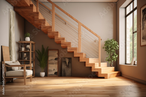 a wooden staircase inside a room with a window and wood flooring  in the style of vray tracing  8k 3d  japanese contemporary  multi-layered