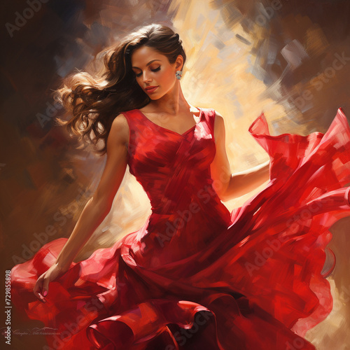 Flamenco dancer. Passionate woman dancing flamenco in long, red dress photo