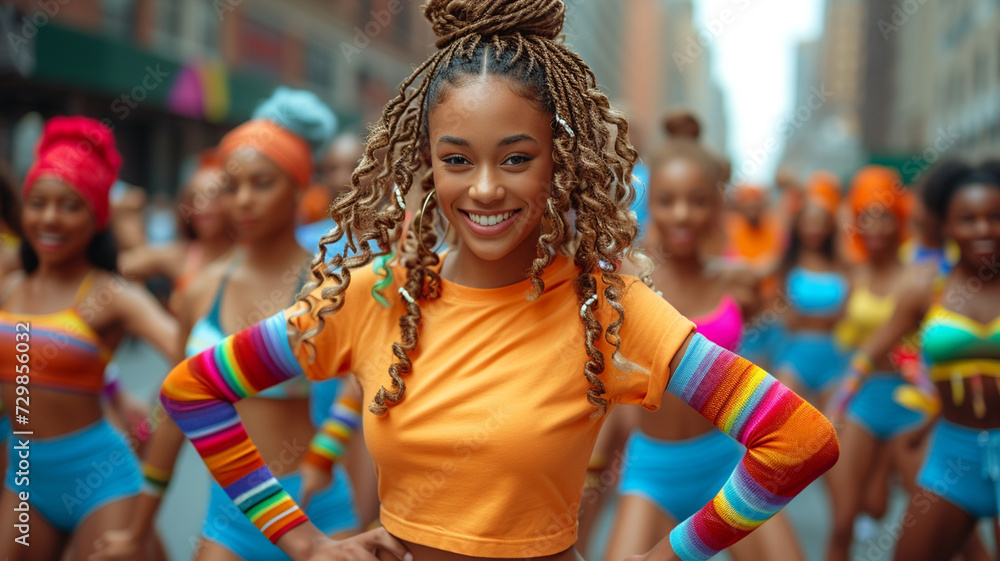 Dancing in the streets of New York. Cheerful woman dancing modern dance with group of colleagues Dancing in the streets of New York. Cheerful woman dancing modern dance with group of colleagues