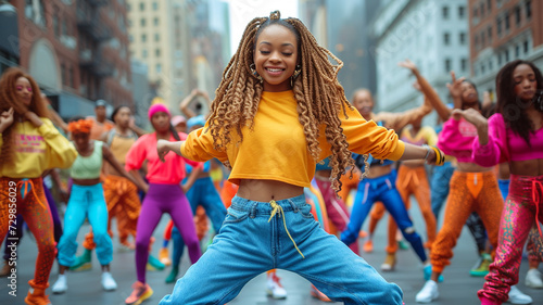 Dancing in the streets of New York. Cheerful woman dancing modern dance with group of colleagues