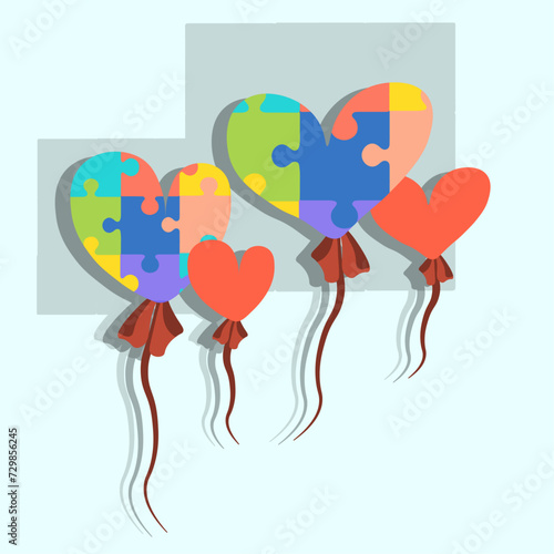 colorful puzzles with heart balloons set vector for World autism day. 