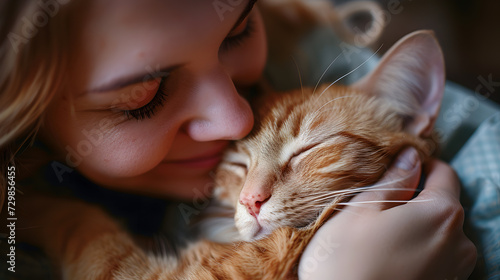 Close-up of a tender moment between a woman and her ginger cat  showcasing the bond between human and pet. generative ai