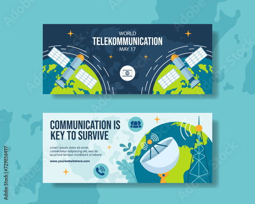 Telecommunication Day Horizontal Banner Flat Cartoon Hand Drawn Templates Background Illustration