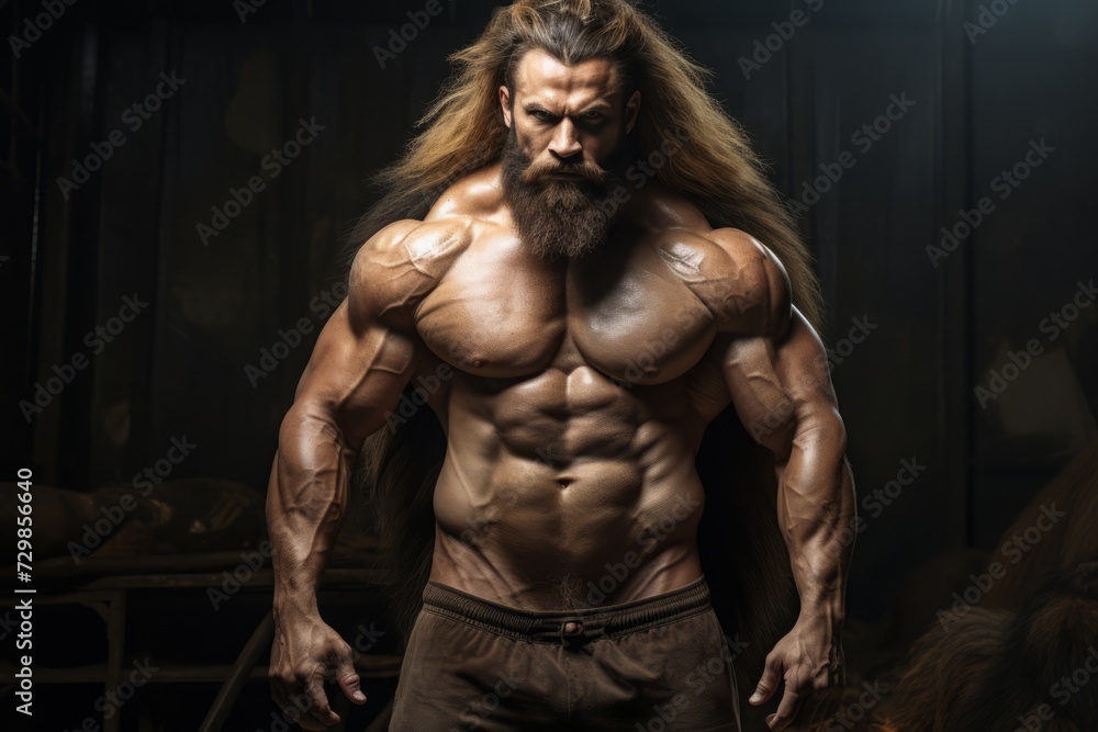 male bodybuilder with a luxurious mane of hair, portrait. a muscular torso without a shirt. earthy tones. male bodybuilder with a luxurious mane of hair, portrait. a muscular torso without a shirt. earthy tones.