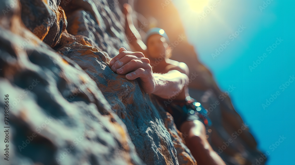 Rock Climber. Extreme close-up of a rock climber's hand gripping a rough cliff surface, with a sunlit mountain landscape in the background. Generative ai - obrazy, fototapety, plakaty 