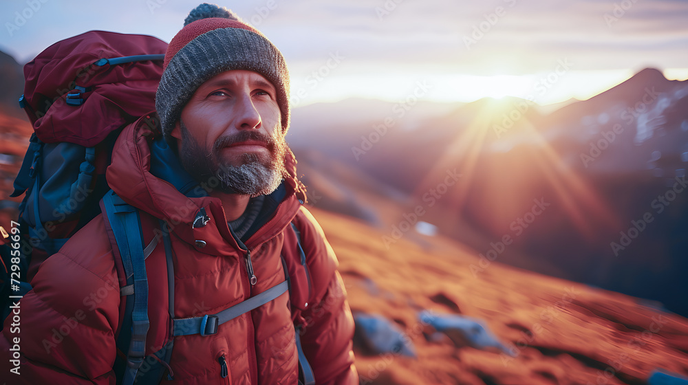 Naklejka premium A bearded hiker with a backpack gazes at the sunrise over the mountainous horizon, embodying adventure and tranquility. generate ai