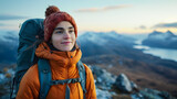 Female Hiker Overlooking Mountain Lake at Dusk. A contemplative female hiker in a warm orange jacket and beanie stands overlooking a serene mountain lake as dusk settles. generate ai